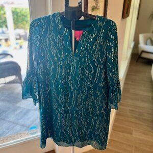 Lilly Pulitzer Elenora Shift Dress Teal Gold Silk NWT